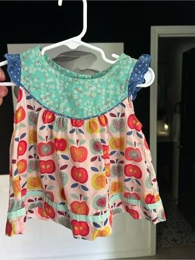 Matilda Jane Pink Apple Print Tank with Teal Yoke and Blue Ruffles